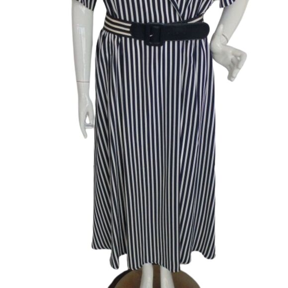 LESLIE FAY Dress, 12, Midi, Blue/White stripes, Belt, Short sleeve, Poly - Picture 10 of 14